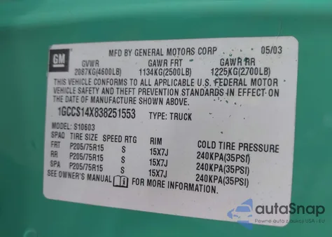 2003 Chevrolet S-10 z USA, uszkodzony, nr VIN 1GCCS14X838251553